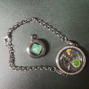 Origami Owl bracelet with necklace charm holder and 8 charms